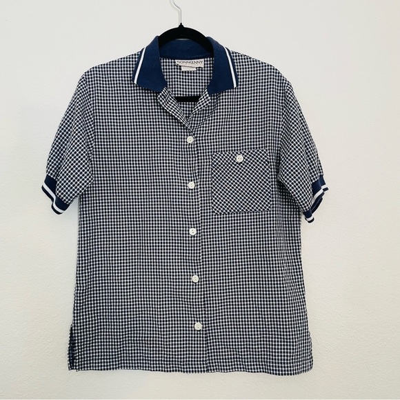 donn kenny Tops - DonnKenny Classics woman gingham navy top size 10 medium button-down vintage